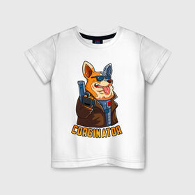 Детская футболка хлопок с принтом Corginator в Екатеринбурге, 100% хлопок | круглый вырез горловины, полуприлегающий силуэт, длина до линии бедер | Тематика изображения на принте: вельш корги | корги | мульт | пародия | пес | с пистолетом | собака | терминатор | юмор