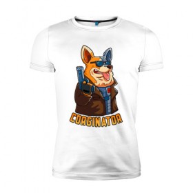 Мужская футболка премиум с принтом Corginator в Екатеринбурге, 92% хлопок, 8% лайкра | приталенный силуэт, круглый вырез ворота, длина до линии бедра, короткий рукав | вельш корги | корги | мульт | пародия | пес | с пистолетом | собака | терминатор | юмор