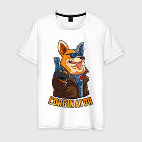 Мужская футболка хлопок с принтом Corginator в Екатеринбурге, 100% хлопок | прямой крой, круглый вырез горловины, длина до линии бедер, слегка спущенное плечо. | вельш корги | корги | мульт | пародия | пес | с пистолетом | собака | терминатор | юмор