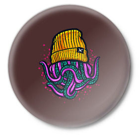 Значок с принтом Octopus(Lil Peep, GBC) в Екатеринбурге,  металл | круглая форма, металлическая застежка в виде булавки | gbc | lil | peep | rap | rock | бордовый | желтый | зеленый | исполнитель | картинка | надпись на спине | осьминог | редактируемый дизайн | рок | рэп | рэпер | сочный цвет | фиолетовый
