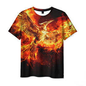 Мужская футболка 3D с принтом Феникс в огне в Екатеринбурге, 100% полиэфир | прямой крой, круглый вырез горловины, длина до линии бедер | fire | flame | phoenix | крылья | огонь | перья | пламя | птица | феникс