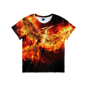 Детская футболка 3D с принтом Феникс в огне в Екатеринбурге, 100% гипоаллергенный полиэфир | прямой крой, круглый вырез горловины, длина до линии бедер, чуть спущенное плечо, ткань немного тянется | Тематика изображения на принте: fire | flame | phoenix | крылья | огонь | перья | пламя | птица | феникс