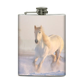 Фляга с принтом Белая лошадь на снегу в Екатеринбурге, металлический корпус | емкость 0,22 л, размер 125 х 94 мм. Виниловая наклейка запечатывается полностью | Тематика изображения на принте: белая | белый | декабрь | животное | животные | звери | зверь | зима | зимний | зимой | кони | конь | копытные | копытный | лошади | лошадь | снег | снега | снегу | снежный | февраль | январь