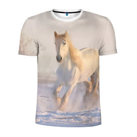 Мужская футболка 3D спортивная с принтом Белая лошадь на снегу в Екатеринбурге, 100% полиэстер с улучшенными характеристиками | приталенный силуэт, круглая горловина, широкие плечи, сужается к линии бедра | белая | белый | декабрь | животное | животные | звери | зверь | зима | зимний | зимой | кони | конь | копытные | копытный | лошади | лошадь | снег | снега | снегу | снежный | февраль | январь