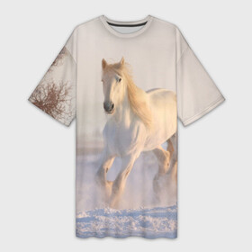 Платье-футболка 3D с принтом Белая лошадь на снегу в Екатеринбурге,  |  | белая | белый | декабрь | животное | животные | звери | зверь | зима | зимний | зимой | кони | конь | копытные | копытный | лошади | лошадь | снег | снега | снегу | снежный | февраль | январь