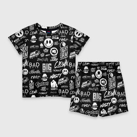 Детский костюм с шортами 3D с принтом VAPE LOGOBOMBING в Екатеринбурге,  |  | bad | baddrip | bombing | cloud | coil | drip | logo | smoke | vape | wape | бак | бэд дрип | вейп | вейпер | вейпинг | вэйп | дрипка | дым | койл | культура | лого | логотип | мод | облако | пар | хипстер