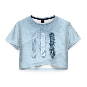 Женская футболка Cropp-top с принтом три сноуборда в Екатеринбурге, 100% полиэстер | круглая горловина, длина футболки до линии талии, рукава с отворотами | горы | зима | природа | снег | сноуборд | спорт