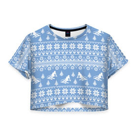 Женская футболка Cropp-top с принтом Вязаный свитер с лыжниками в Екатеринбурге, 100% полиэстер | круглая горловина, длина футболки до линии талии, рукава с отворотами | горы | зима | лыжи | природа | снег | спорт