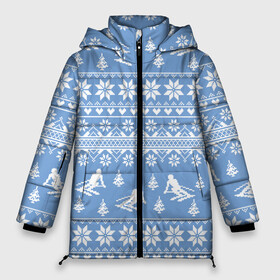 Женская зимняя куртка 3D с принтом Вязаный свитер с лыжниками в Екатеринбурге, верх — 100% полиэстер; подкладка — 100% полиэстер; утеплитель — 100% полиэстер | длина ниже бедра, силуэт Оверсайз. Есть воротник-стойка, отстегивающийся капюшон и ветрозащитная планка. 

Боковые карманы с листочкой на кнопках и внутренний карман на молнии | Тематика изображения на принте: горы | зима | лыжи | природа | снег | спорт
