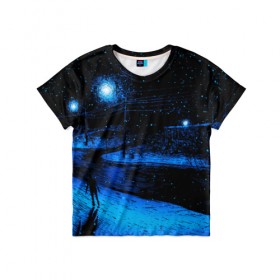 Детская футболка 3D с принтом ЗИМНЯЯ НОЧЬ в Екатеринбурге, 100% гипоаллергенный полиэфир | прямой крой, круглый вырез горловины, длина до линии бедер, чуть спущенное плечо, ткань немного тянется | star | stars | texture | вечер | вечерние иллюстрации | звезда | звезды | ночной пейзаж | ночные | ночь | природа | прогулки | текстуры