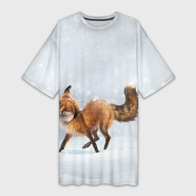 Платье-футболка 3D с принтом Зимняя лисичка в Екатеринбурге,  |  | зима | лис | лиса | лисичка | рыжая | снег | снежинки | фыр фыр
