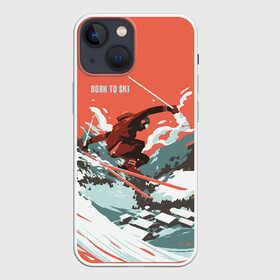 Чехол для iPhone 13 mini с принтом BORN TO SKI в Екатеринбурге,  |  | горы | зима | лыжи | природа | снег | спорт