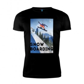 Мужская футболка премиум с принтом сноубордист в Екатеринбурге, 92% хлопок, 8% лайкра | приталенный силуэт, круглый вырез ворота, длина до линии бедра, короткий рукав | горы | зима | природа | снег | сноуборд | спорт