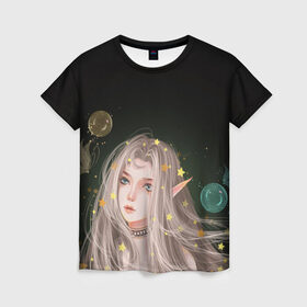 Женская футболка 3D с принтом Эльфийка и звезды в Екатеринбурге, 100% полиэфир ( синтетическое хлопкоподобное полотно) | прямой крой, круглый вырез горловины, длина до линии бедер | elf | essence | l2 | lineage | mmorpg | звезды | линейка | ммо | эльфийка | эссенции