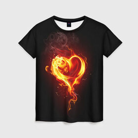 Женская футболка 3D с принтом Огненное сердце в Екатеринбурге, 100% полиэфир ( синтетическое хлопкоподобное полотно) | прямой крой, круглый вырез горловины, длина до линии бедер | Тематика изображения на принте: 14 февраля | heart | в подарок | горящее | день святого валентина | для влюбленных | для подарка | огненный | огонь | сердце