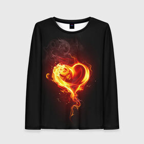 Женский лонгслив 3D с принтом Огненное сердце в Екатеринбурге, 100% полиэстер | длинные рукава, круглый вырез горловины, полуприлегающий силуэт | Тематика изображения на принте: 14 февраля | heart | в подарок | горящее | день святого валентина | для влюбленных | для подарка | огненный | огонь | сердце