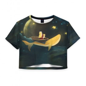 Женская футболка Cropp-top с принтом Девушка и кит в облаках в Екатеринбурге, 100% полиэстер | круглая горловина, длина футболки до линии талии, рукава с отворотами | вечер | волшебство | девочка | звезды | иллюстрация | кит | космос | магия | небо | ночь | облака | планета