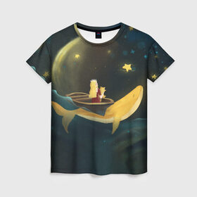 Женская футболка 3D с принтом Девушка и кит в облаках в Екатеринбурге, 100% полиэфир ( синтетическое хлопкоподобное полотно) | прямой крой, круглый вырез горловины, длина до линии бедер | вечер | волшебство | девочка | звезды | иллюстрация | кит | космос | магия | небо | ночь | облака | планета