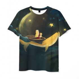 Мужская футболка 3D с принтом Девушка и кит в облаках в Екатеринбурге, 100% полиэфир | прямой крой, круглый вырез горловины, длина до линии бедер | вечер | волшебство | девочка | звезды | иллюстрация | кит | космос | магия | небо | ночь | облака | планета