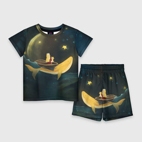 Детский костюм с шортами 3D с принтом Девушка и кит в облаках в Екатеринбурге,  |  | вечер | волшебство | девочка | звезды | иллюстрация | кит | космос | магия | небо | ночь | облака | планета