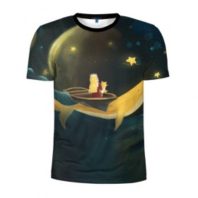 Мужская футболка 3D спортивная с принтом Девушка и кит в облаках в Екатеринбурге, 100% полиэстер с улучшенными характеристиками | приталенный силуэт, круглая горловина, широкие плечи, сужается к линии бедра | Тематика изображения на принте: вечер | волшебство | девочка | звезды | иллюстрация | кит | космос | магия | небо | ночь | облака | планета