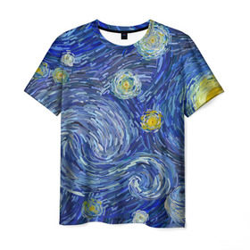 Мужская футболка 3D с принтом Полотно ван Гога в Екатеринбурге, 100% полиэфир | прямой крой, круглый вырез горловины, длина до линии бедер | texture | абстракция | акварель | ван гог | звезды | краски | небо | облака | солнце | текстура
