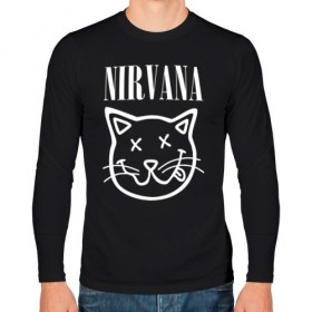 Мужской лонгслив хлопок с принтом NIRVANA в Екатеринбурге, 100% хлопок |  | cat | kitty | nirvana | smile | кот | курт кобейн | нирвана | смайл