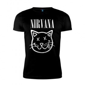 Мужская футболка премиум с принтом NIRVANA в Екатеринбурге, 92% хлопок, 8% лайкра | приталенный силуэт, круглый вырез ворота, длина до линии бедра, короткий рукав | Тематика изображения на принте: cat | kitty | nirvana | smile | кот | курт кобейн | нирвана | смайл