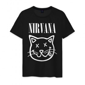 Мужская футболка хлопок с принтом NIRVANA в Екатеринбурге, 100% хлопок | прямой крой, круглый вырез горловины, длина до линии бедер, слегка спущенное плечо. | Тематика изображения на принте: cat | kitty | nirvana | smile | кот | курт кобейн | нирвана | смайл