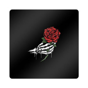 Магнит виниловый Квадрат с принтом Рука скелета с розой в Екатеринбурге, полимерный материал с магнитным слоем | размер 9*9 см, закругленные углы | core | hand | hardcore | skeleton | tatoo | роза | романтика | рука | скелет | тату | цветок | черный фон
