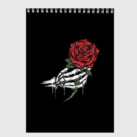 Скетчбук с принтом Рука скелета с розой в Екатеринбурге, 100% бумага
 | 48 листов, плотность листов — 100 г/м2, плотность картонной обложки — 250 г/м2. Листы скреплены сверху удобной пружинной спиралью | core | hand | hardcore | skeleton | tatoo | роза | романтика | рука | скелет | тату | цветок | черный фон