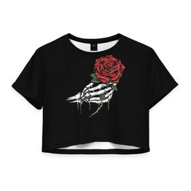 Женская футболка Cropp-top с принтом Рука скелета с розой в Екатеринбурге, 100% полиэстер | круглая горловина, длина футболки до линии талии, рукава с отворотами | core | hand | hardcore | skeleton | tatoo | роза | романтика | рука | скелет | тату | цветок | черный фон