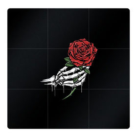 Магнитный плакат 3Х3 с принтом Рука скелета с розой в Екатеринбурге, Полимерный материал с магнитным слоем | 9 деталей размером 9*9 см | Тематика изображения на принте: core | hand | hardcore | skeleton | tatoo | роза | романтика | рука | скелет | тату | цветок | черный фон