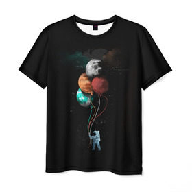 Мужская футболка 3D с принтом Космонавт с шариками в Екатеринбурге, 100% полиэфир | прямой крой, круглый вырез горловины, длина до линии бедер | cat | elon | galaxy | mars | moon | musk | nasa | space | spacex | вселенная | галактика | звезды | илон | космонавт | космос | луна | марс | маск | наса | скафандр