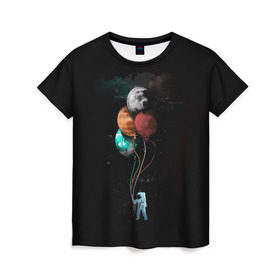 Женская футболка 3D с принтом Космонавт с шариками в Екатеринбурге, 100% полиэфир ( синтетическое хлопкоподобное полотно) | прямой крой, круглый вырез горловины, длина до линии бедер | cat | elon | galaxy | mars | moon | musk | nasa | space | spacex | вселенная | галактика | звезды | илон | космонавт | космос | луна | марс | маск | наса | скафандр