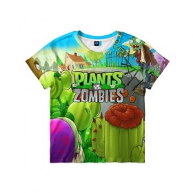 Детская футболка 3D с принтом PLANTS VS ZOMBIES в Екатеринбурге, 100% гипоаллергенный полиэфир | прямой крой, круглый вырез горловины, длина до линии бедер, чуть спущенное плечо, ткань немного тянется | battle | plants | plants vs zombies | pvsz | vs | zombies | растения против зомби