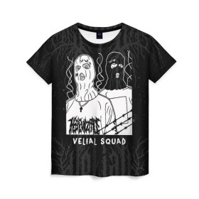Женская футболка 3D с принтом VELIAL SQUAD в Екатеринбурге, 100% полиэфир ( синтетическое хлопкоподобное полотно) | прямой крой, круглый вырез горловины, длина до линии бедер | velial squad | vs | маски | музыка | отряд велиала | русский рэп | рэп | хорроркор | чёрный и белый