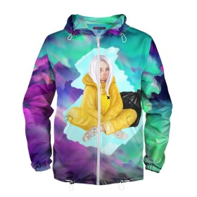 Мужская ветровка 3D с принтом BILLIE EILISH в Екатеринбурге, 100% полиэстер | подол и капюшон оформлены резинкой с фиксаторами, два кармана без застежек по бокам, один потайной карман на груди | bad guy | billie | eilish | ocean eyes | айлиш | билли | девушка | певица | эйлиш