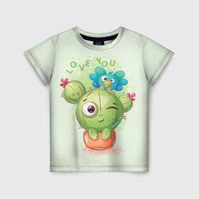 Детская футболка 3D с принтом LOVE YOU в Екатеринбурге, 100% гипоаллергенный полиэфир | прямой крой, круглый вырез горловины, длина до линии бедер, чуть спущенное плечо, ткань немного тянется | Тематика изображения на принте: bird | bright | cactus | fun | funny | веселый | кактус | прикольный | птичка | яркий забавный