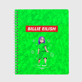 Тетрадь с принтом BILLIE EILISH GREEN в Екатеринбурге, 100% бумага | 48 листов, плотность листов — 60 г/м2, плотность картонной обложки — 250 г/м2. Листы скреплены сбоку удобной пружинной спиралью. Уголки страниц и обложки скругленные. Цвет линий — светло-серый
 | Тематика изображения на принте: bad guy | billie | eilish | ocean eyes | айлиш | билли | девушка | певица | эйлиш