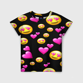 Детская футболка 3D с принтом ВЛЮБЛЕННЫЕ СМАЙЛИКИ в Екатеринбурге, 100% гипоаллергенный полиэфир | прямой крой, круглый вырез горловины, длина до линии бедер, чуть спущенное плечо, ткань немного тянется | Тематика изображения на принте: emoji | настроение | позитив | смайлики | смайлы | стикеры | текстура смайл | улыбки | фон смайл | эмодзи