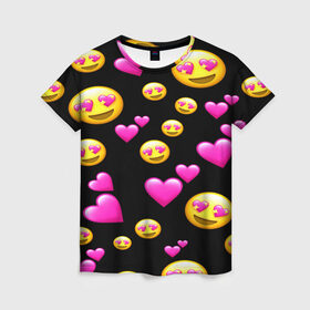 Женская футболка 3D с принтом ВЛЮБЛЕННЫЕ СМАЙЛИКИ в Екатеринбурге, 100% полиэфир ( синтетическое хлопкоподобное полотно) | прямой крой, круглый вырез горловины, длина до линии бедер | emoji | настроение | позитив | смайлики | смайлы | стикеры | текстура смайл | улыбки | фон смайл | эмодзи
