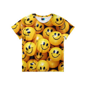 Детская футболка 3D с принтом ЖЕЛТЫЕ СМАЙЛИКИ в Екатеринбурге, 100% гипоаллергенный полиэфир | прямой крой, круглый вырез горловины, длина до линии бедер, чуть спущенное плечо, ткань немного тянется | emoji | настроение | позитив | смайлики | смайлы | стикеры | текстура смайл | улыбки | фон смайл | эмодзи