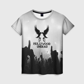 Женская футболка 3D с принтом HOLLYWOOD UNDEAD в Екатеринбурге, 100% полиэфир ( синтетическое хлопкоподобное полотно) | прямой крой, круглый вырез горловины, длина до линии бедер | charlie scene | danny | funny man | hollywood undead | j dog | johnny 3 tears | logo | music | rock | альтернатива | металл | музыка | музыкальный | рок