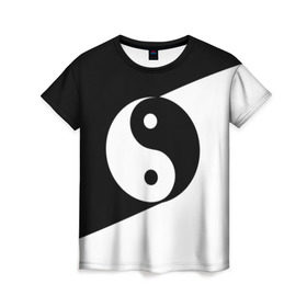 Женская футболка 3D с принтом Инь - янь (#1) в Екатеринбурге, 100% полиэфир ( синтетическое хлопкоподобное полотно) | прямой крой, круглый вырез горловины, длина до линии бедер | black | signs | white. | ying   yang | белый | знаки | инь   янь | чёрный