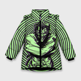 Зимняя куртка для девочек 3D с принтом Joker in a straitjacket в Екатеринбурге, ткань верха — 100% полиэстер; подклад — 100% полиэстер, утеплитель — 100% полиэстер. | длина ниже бедра, удлиненная спинка, воротник стойка и отстегивающийся капюшон. Есть боковые карманы с листочкой на кнопках, утяжки по низу изделия и внутренний карман на молнии. 

Предусмотрены светоотражающий принт на спинке, радужный светоотражающий элемент на пуллере молнии и на резинке для утяжки. | batman | dc | dc джокер | detective comics | harley | joker | shtatjoker | the joker | бетмен | джокер | злодей | харли