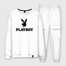 Мужской костюм хлопок с принтом Playboy в Екатеринбурге, 100% хлопок | на свитшоте круглая горловина, мягкая резинка по низу. Брюки заужены к низу, на них два вида карманов: два “обычных” по бокам и два объемных, с клапанами, расположенные ниже линии бедра. Брюки с мягкой трикотажной резинкой на поясе и по низу штанин. В поясе для дополнительного комфорта — широкие завязки | brazzers | cекс | merch | new sensations | playboy | private | tushy | бразерс | мерч | плейбой