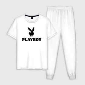 Мужская пижама хлопок с принтом Playboy в Екатеринбурге, 100% хлопок | брюки и футболка прямого кроя, без карманов, на брюках мягкая резинка на поясе и по низу штанин
 | Тематика изображения на принте: brazzers | cекс | merch | new sensations | playboy | private | tushy | бразерс | мерч | плейбой