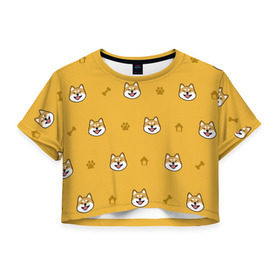 Женская футболка Cropp-top с принтом Сиба-ину. Акита-ину. (Жёлтая) в Екатеринбурге, 100% полиэстер | круглая горловина, длина футболки до линии талии, рукава с отворотами | сиба ину