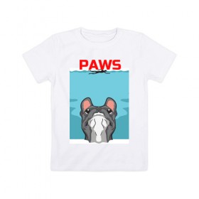 Детская футболка хлопок с принтом PAWS в Екатеринбурге, 100% хлопок | круглый вырез горловины, полуприлегающий силуэт, длина до линии бедер | animal | bulldog | cute | dog | jaws | paws | pet | pog | sea | swim | бульдог | лапки | лапы | мопс | море | питомец | собака | челюсти